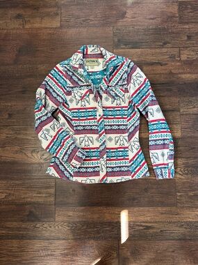 Outback Aztec Print Button-Up Shirt - Cream, Teal, Red
